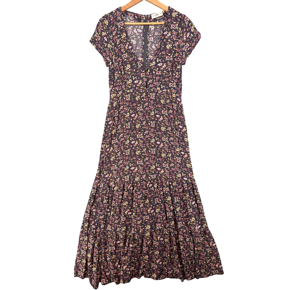 Natural Life Floral Tiered Maxi Dress Purple Boho Ruffle V-Neck Medium Prairie